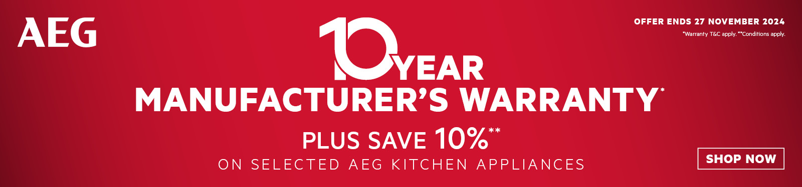 10 Year Warranty Plus Save 10% On Selected AEG Kitchen Appliances