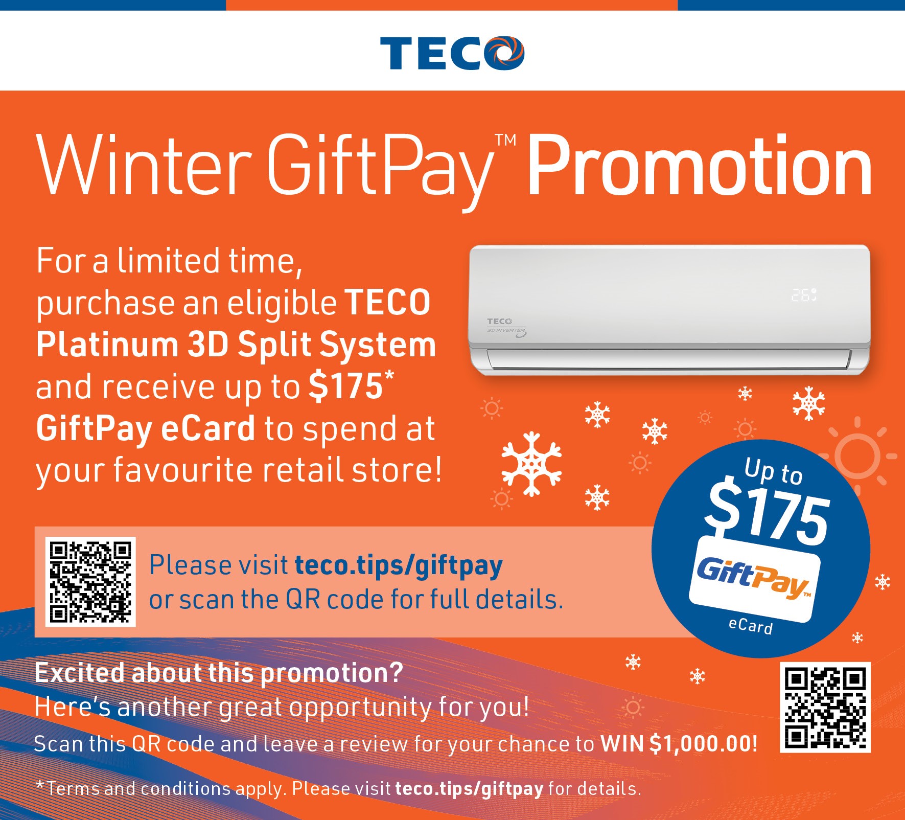 Bonus GiftPay eCard Up To $175* On Selected TECO Platinum 3D Split Systems at Retravision