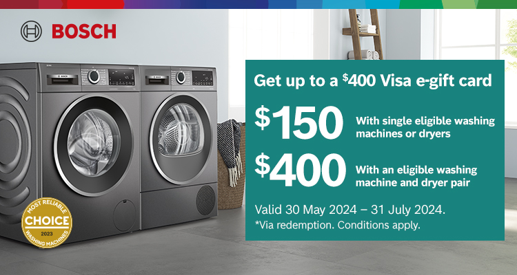 Bonus Visa e-Gift Card Up To $400 On Selected Bosch Laundry Appliances at Retravision
